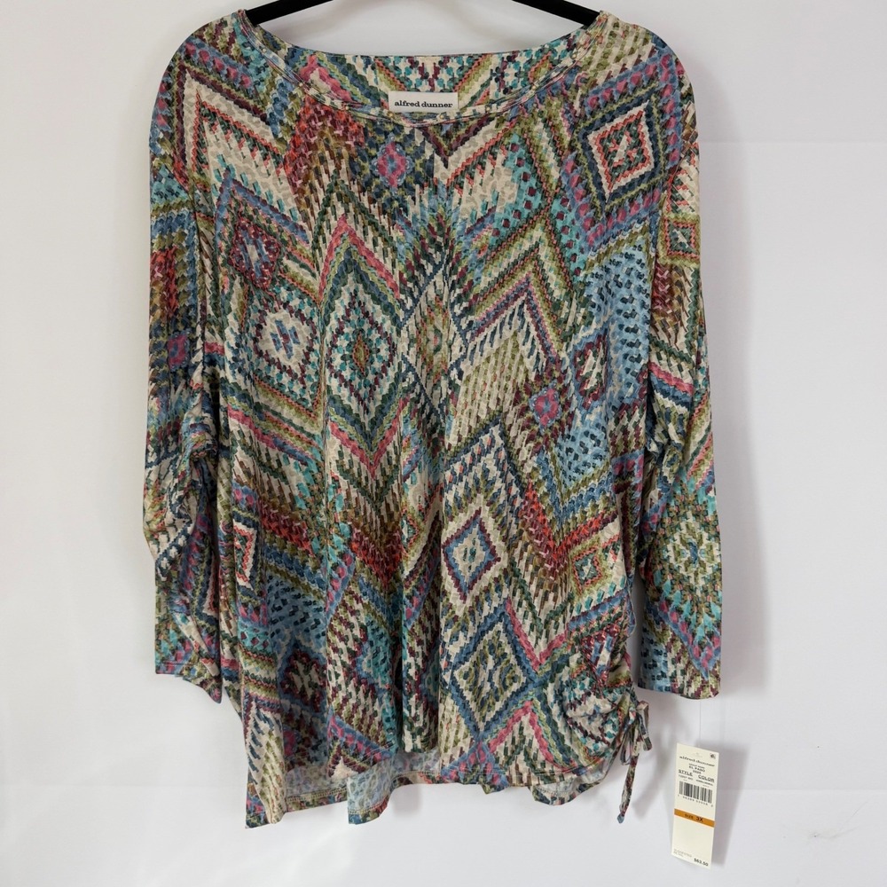 Alfred Dunner Womens 3X‎ Geometric Print Pullover Top Ruched Side Multicolored